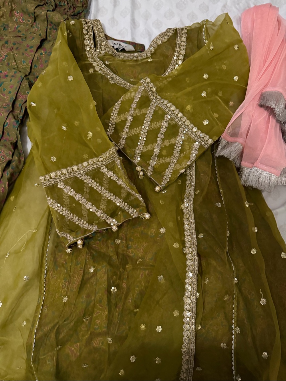 Girls Olive Green Formal Embroidered Dress